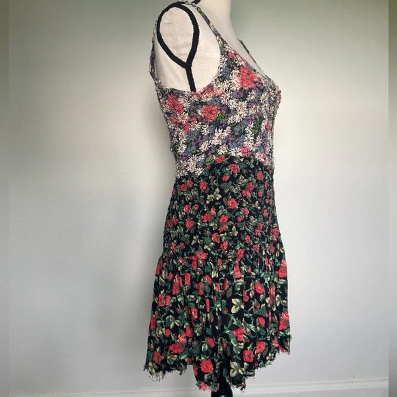 FREE PEOPLE Floral Smocked Bodice Mini Dress Garden Girl Boho Whimsigoth | Sz M - Picture 2 of 6
